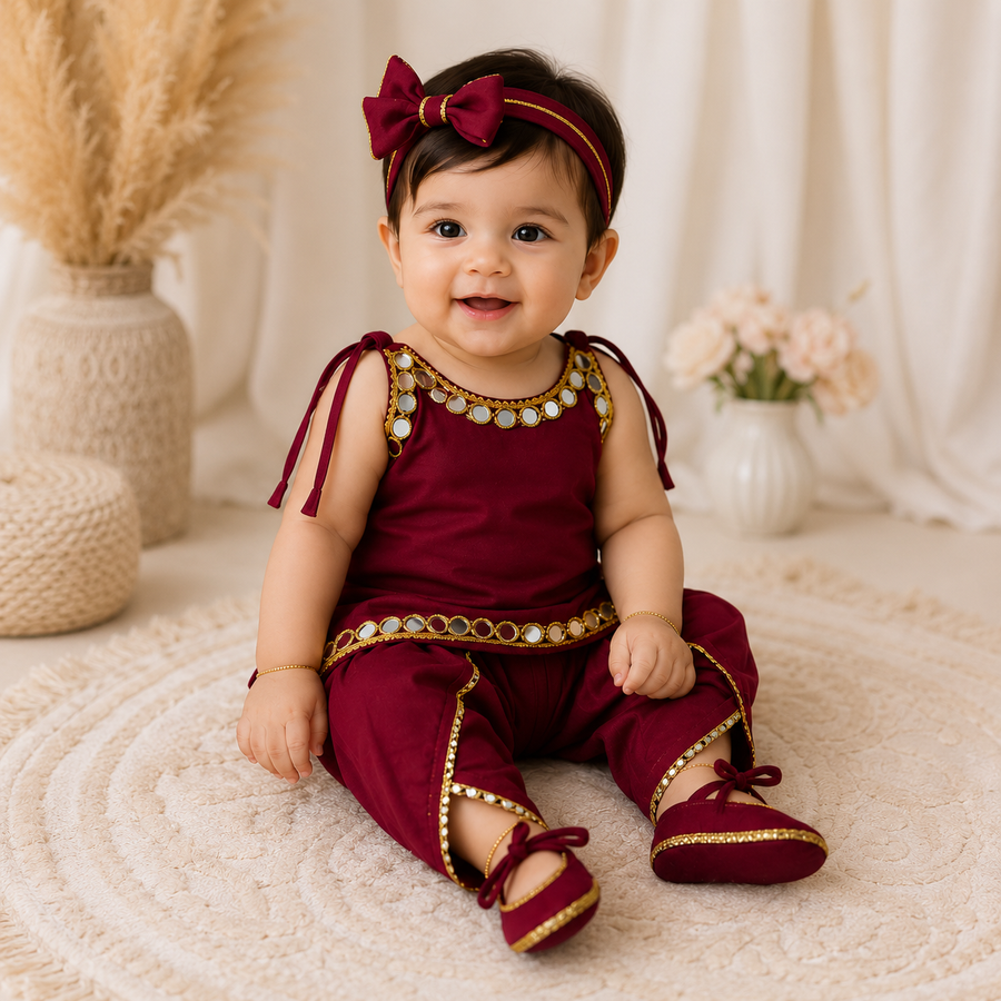 Baby Girls Mirror Work Traditional Dhoti Set – Maroon Ethnic Outfit