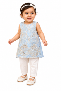 Baby Girl Sky Blue Embroidered Lace Tunic Set with White Pants