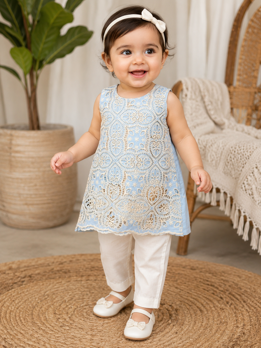 Baby Girl Sky Blue Embroidered Lace Tunic Set with White Pants