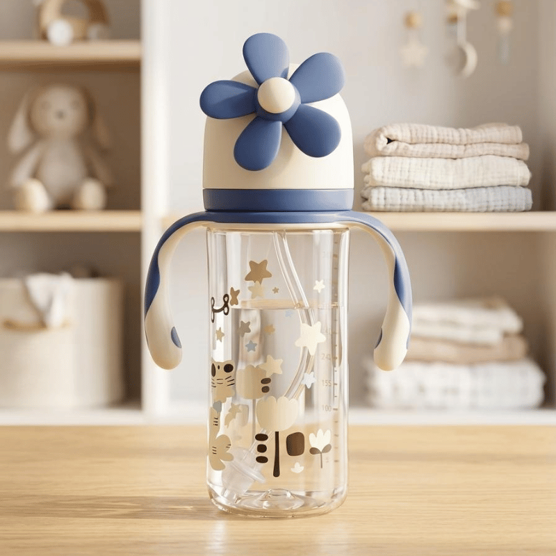 Cute Flower Propeller Sippy Cup with Handles & Straw – Leak-Proof Baby Training Water Bottle
